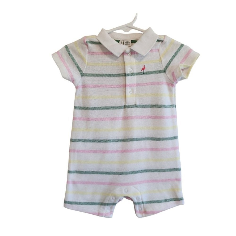 NWT Janie & Jack Multi Striped Collared Flamingo Preppy Polo Henley Romper 3-6M